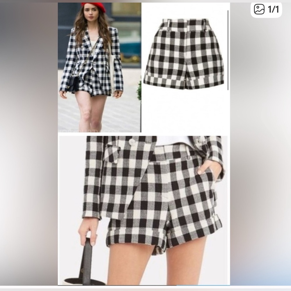 Veronica Beard Black and White Gingham High-Waist Shorts